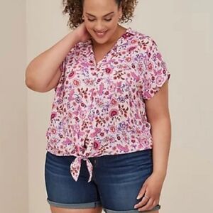 Torrid Pink Floral Challis Tie-Front Dolman Sleeve Shirt, Size 2